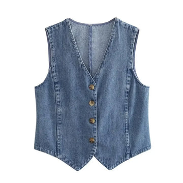 MQTIME  -  Women's Y2K Vintage Denim Waistcoat Sleeveless V-Neck Cropped Vest Tank Tops Button Up Jean Retro Cropped Jackets